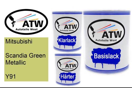 Mitsubishi, Scandia Green Metallic, Y91: 1L Lackdose + 1L Klarlack + 500ml Härter - Set, von ATW Autoteile West.